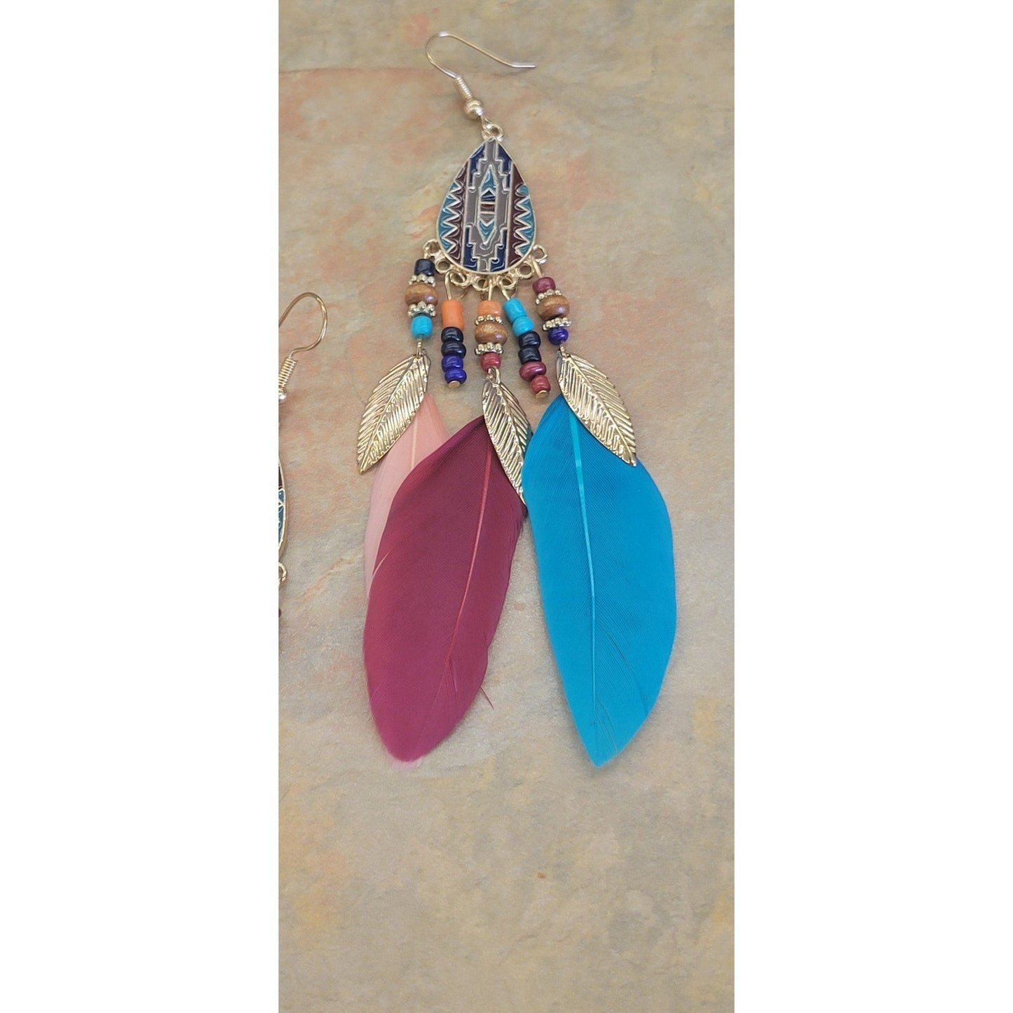 Multicolor dangle Feathers and Beaded Earrings