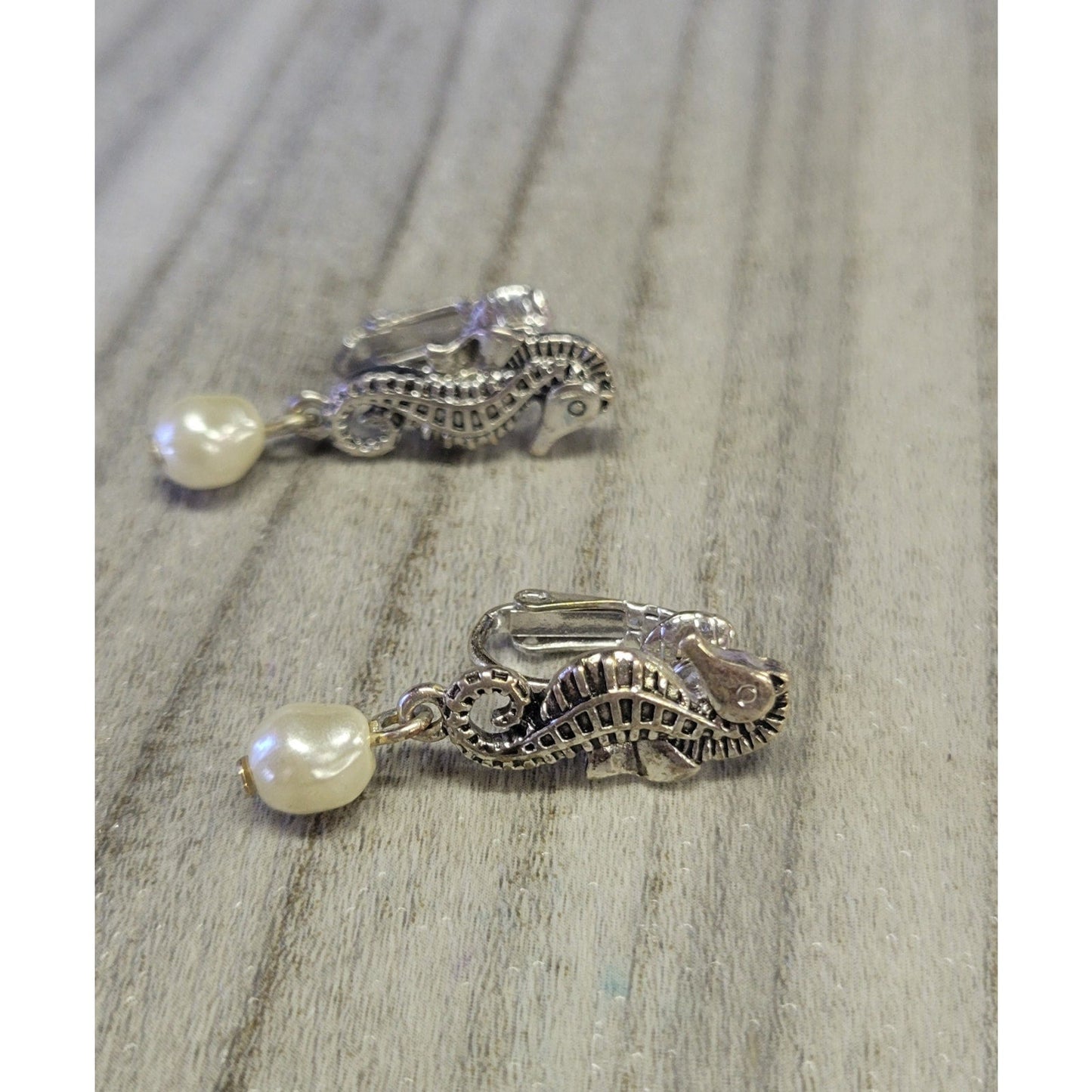 Seahorse clip on earrings with dangle pearl