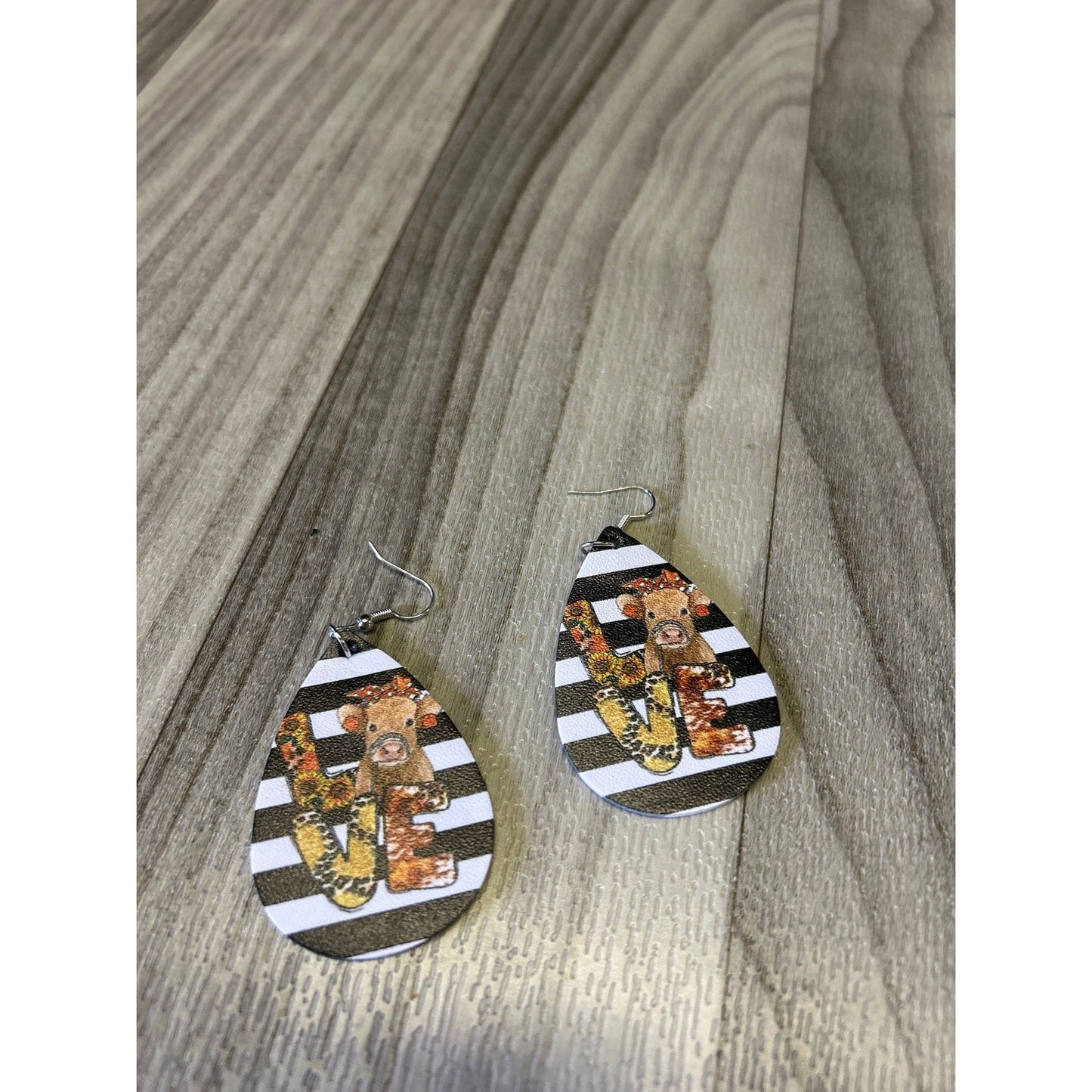 Faux leather Love cow Stripes dangle earrings
