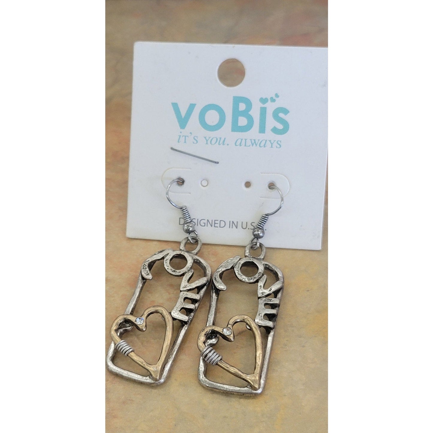 Two Tone Metal Love earrings with heart