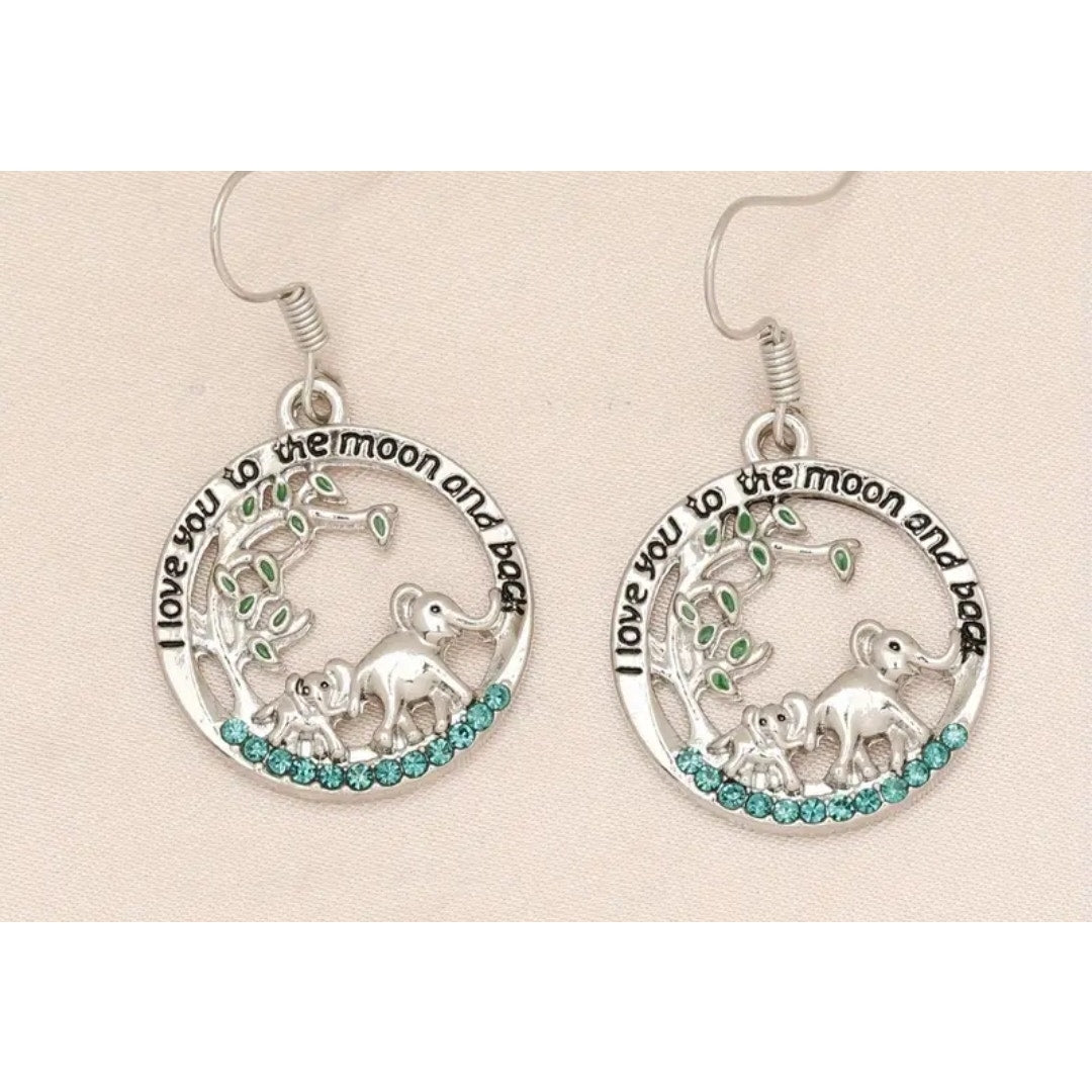 Love you to the moon & back elephant earrings
