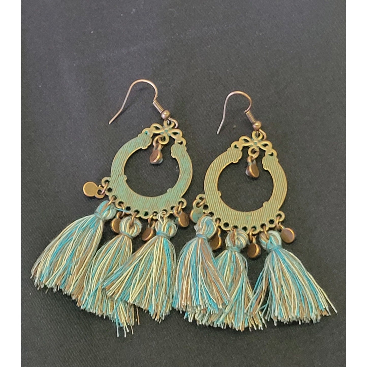 Patina turquoise tassel earrings about 3"