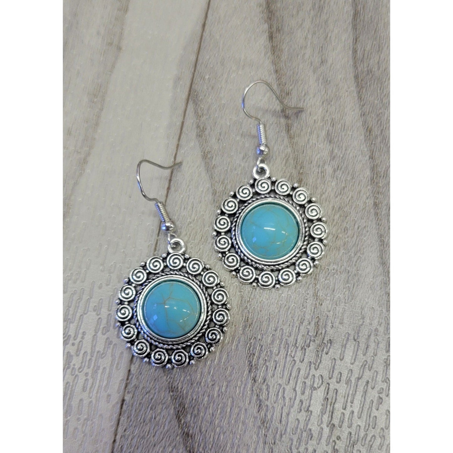 Circle Swirl silver and turquoise dangle earrings