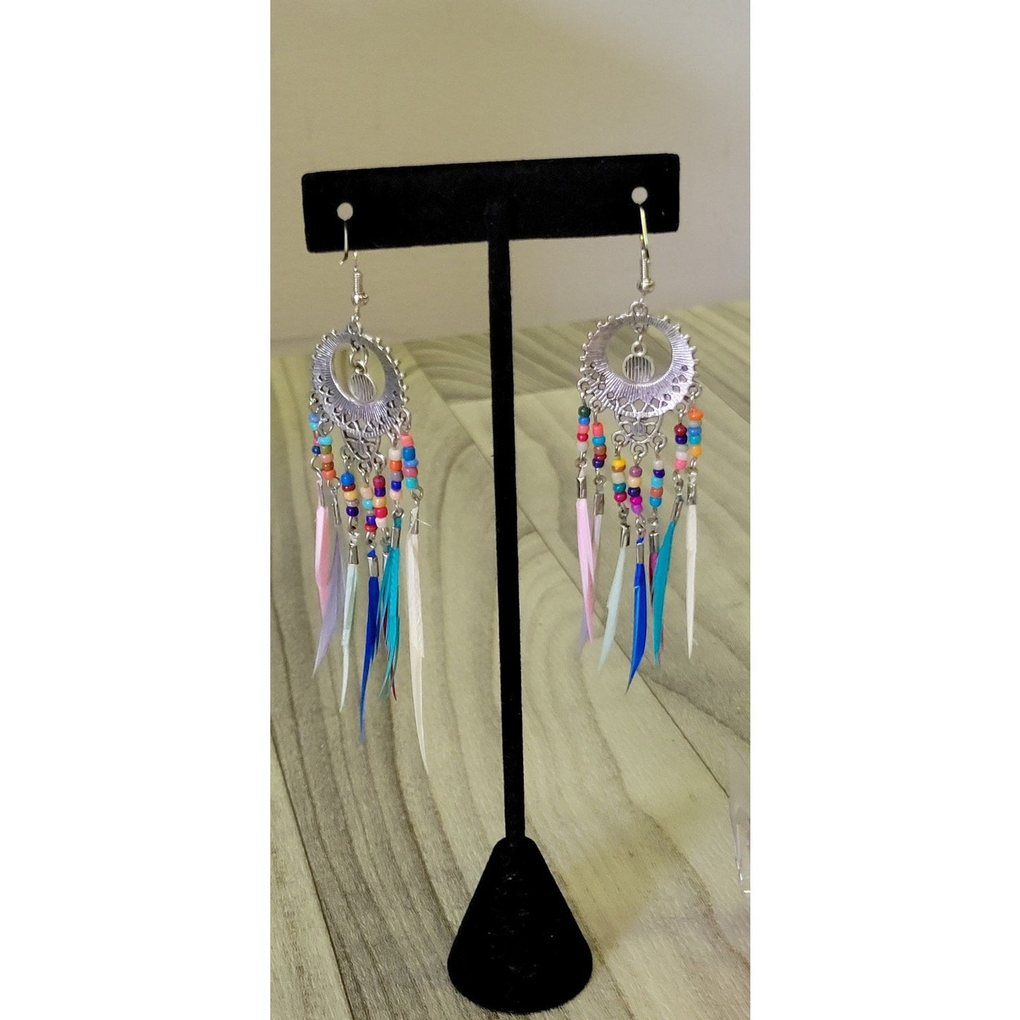 Boho feathered beaded tassel earrings