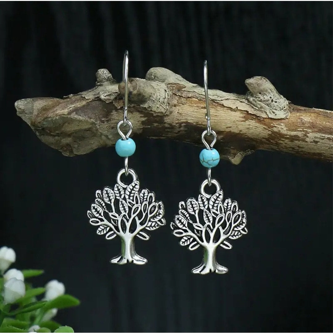 Turquoise and Silver Tree of Life earrings