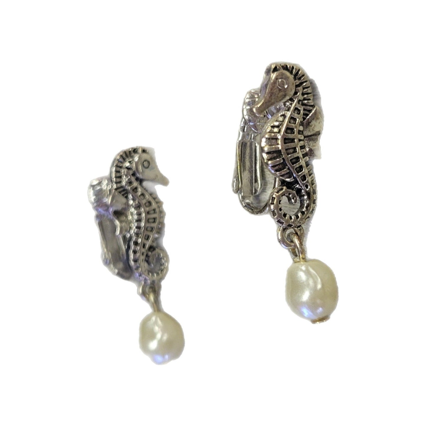 Seahorse clip on earrings with dangle pearl