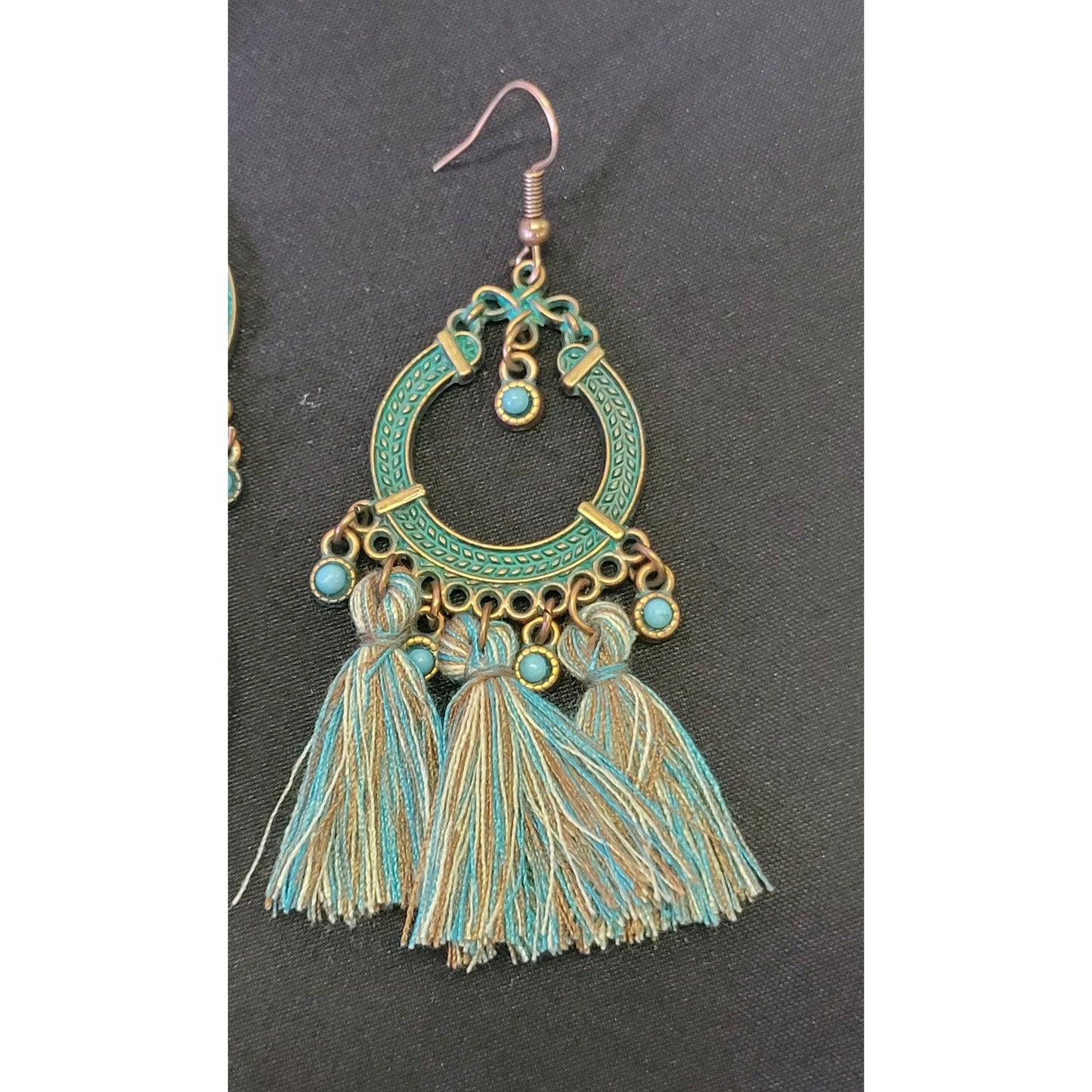 Patina turquoise tassel earrings about 3"