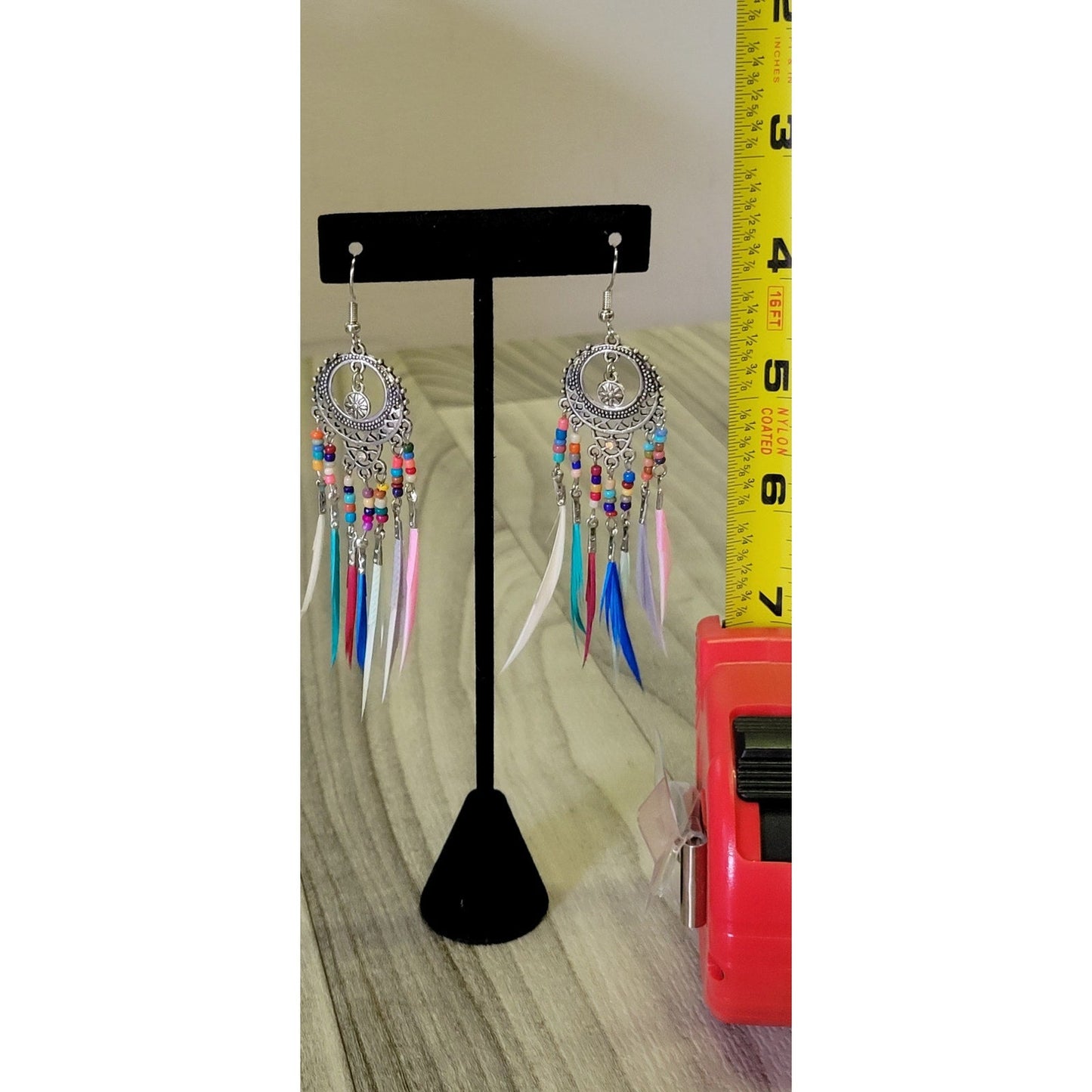 Boho feathered beaded tassel earrings