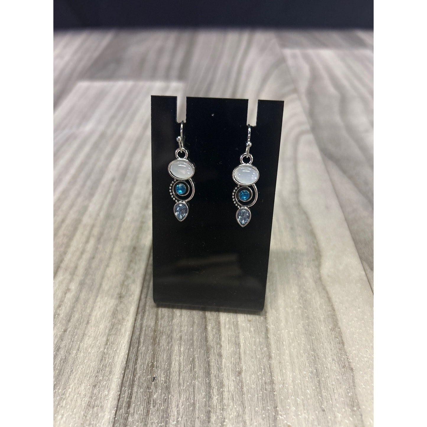 Faux moonstone dangle earrings blue rhinestones