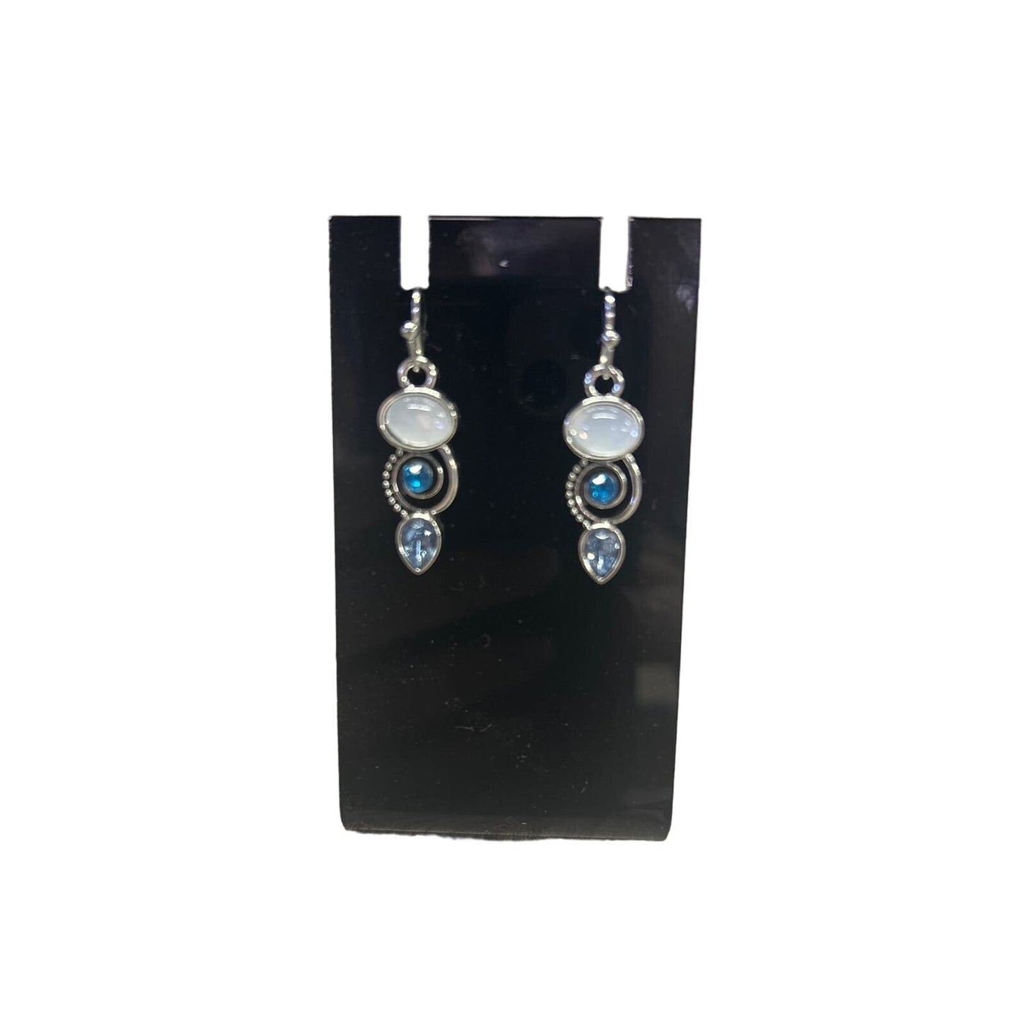 Faux moonstone dangle earrings blue rhinestones