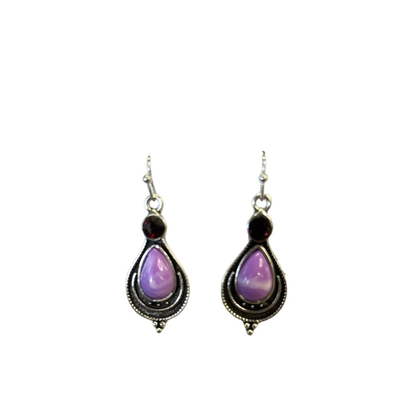 Purple stones on silver tear drop earrings