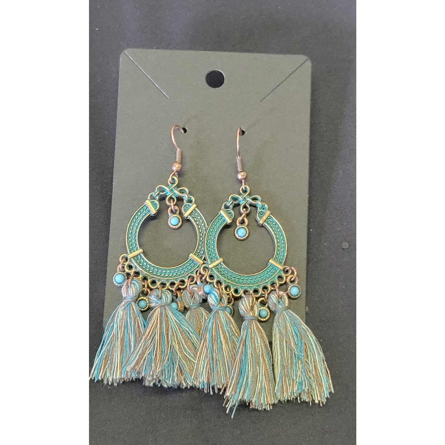 Patina turquoise tassel earrings about 3"
