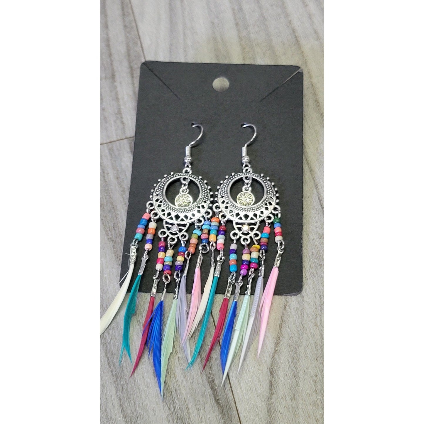 Boho feathered beaded tassel earrings