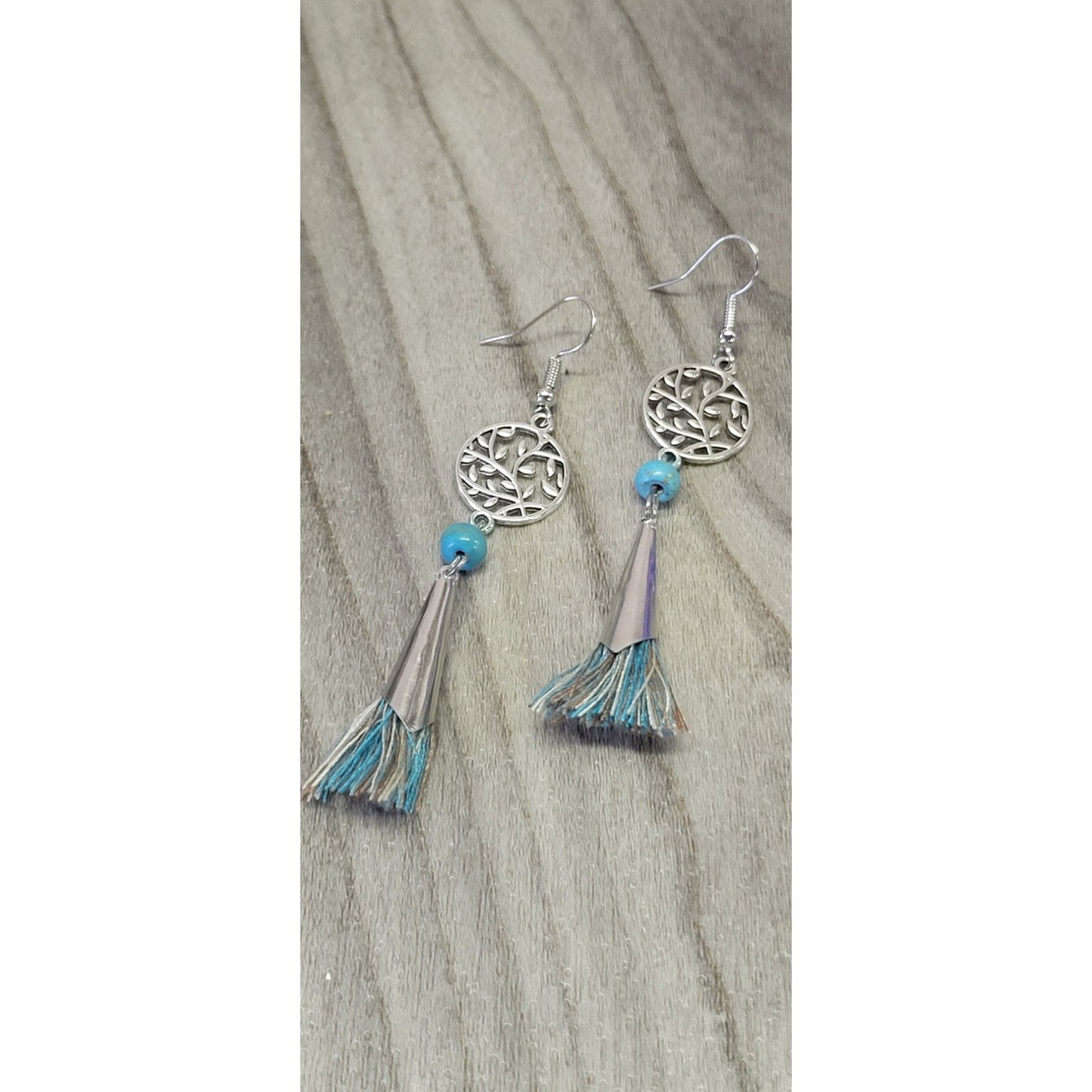 Leafy blue bead with tassel Dangle earrings