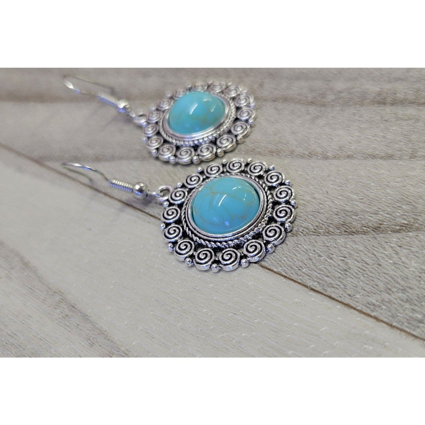 Circle Swirl silver and turquoise dangle earrings