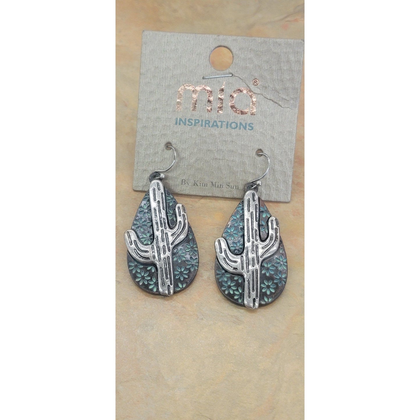 Two Tone Metal Cactus and Flowers earrings