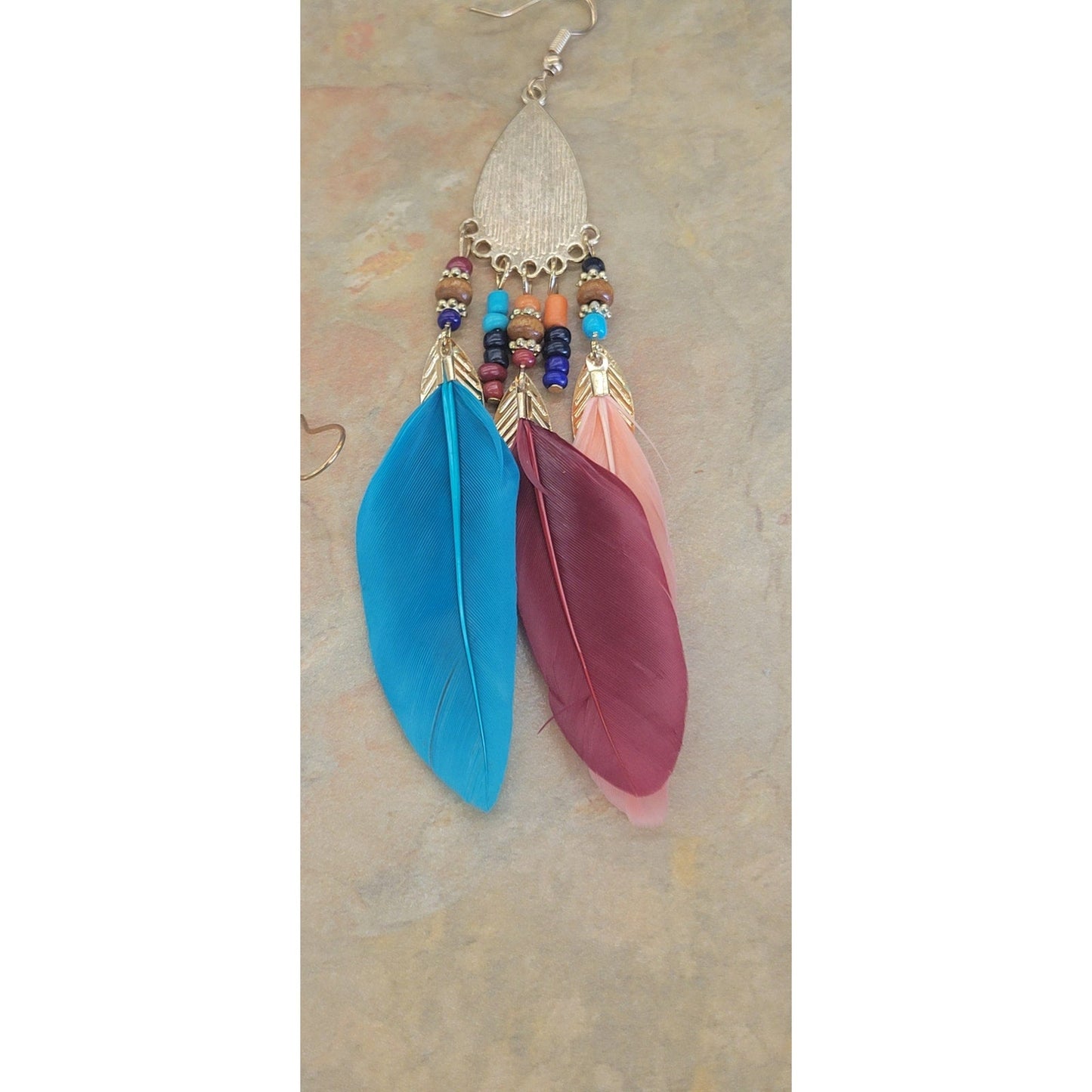 Multicolor dangle Feathers and Beaded Earrings