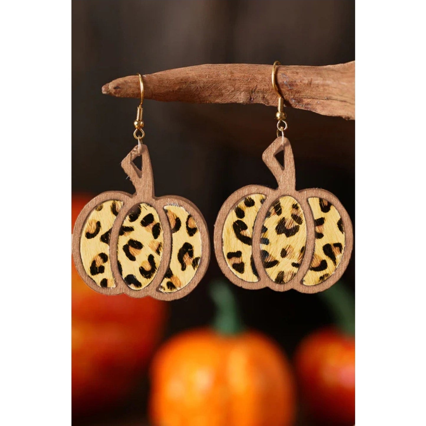Halloween Pumpkin Leopard Pattern Hollowed Out wood and Leather Earrings