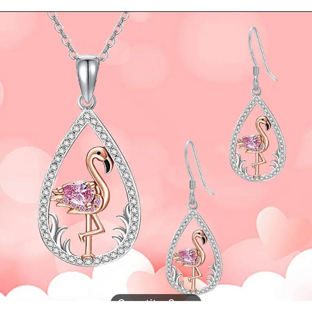 3 piece pink flamingo earring and necklace set