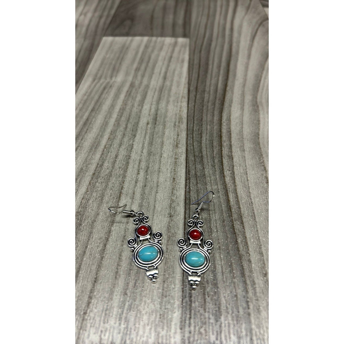 Ornate red & light blue boho dangly earrings