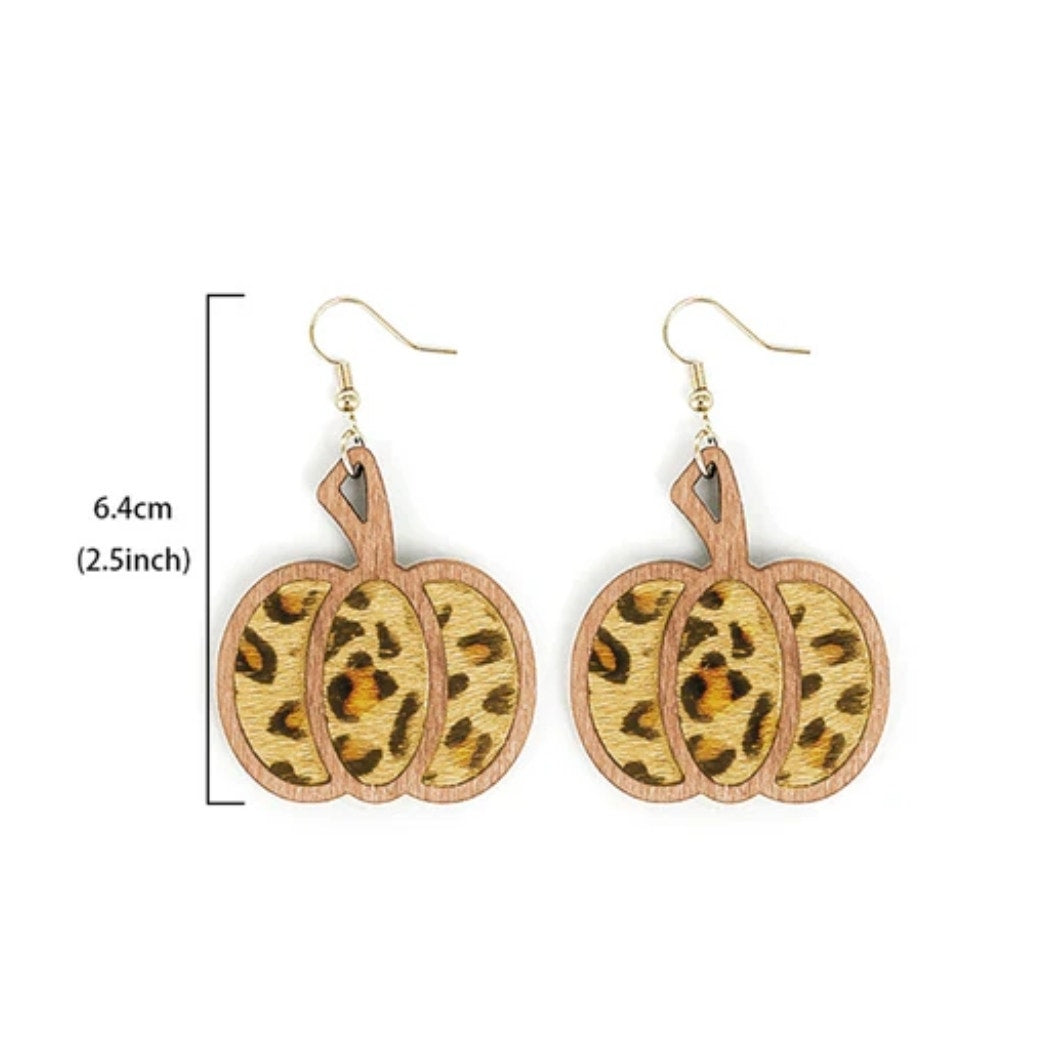 Halloween Pumpkin Leopard Pattern Hollowed Out wood and Leather Earrings