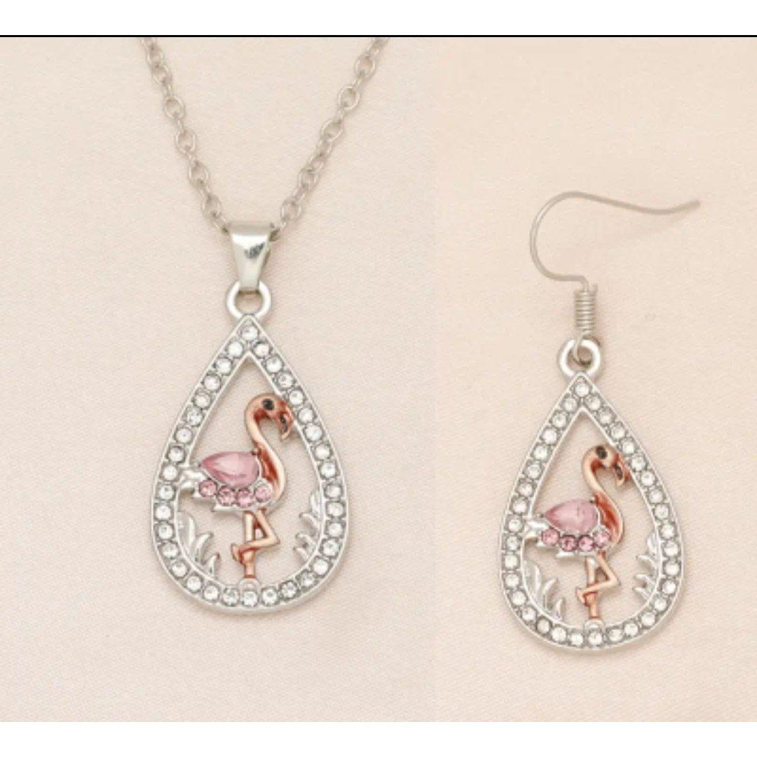 3 piece pink flamingo earring and necklace set