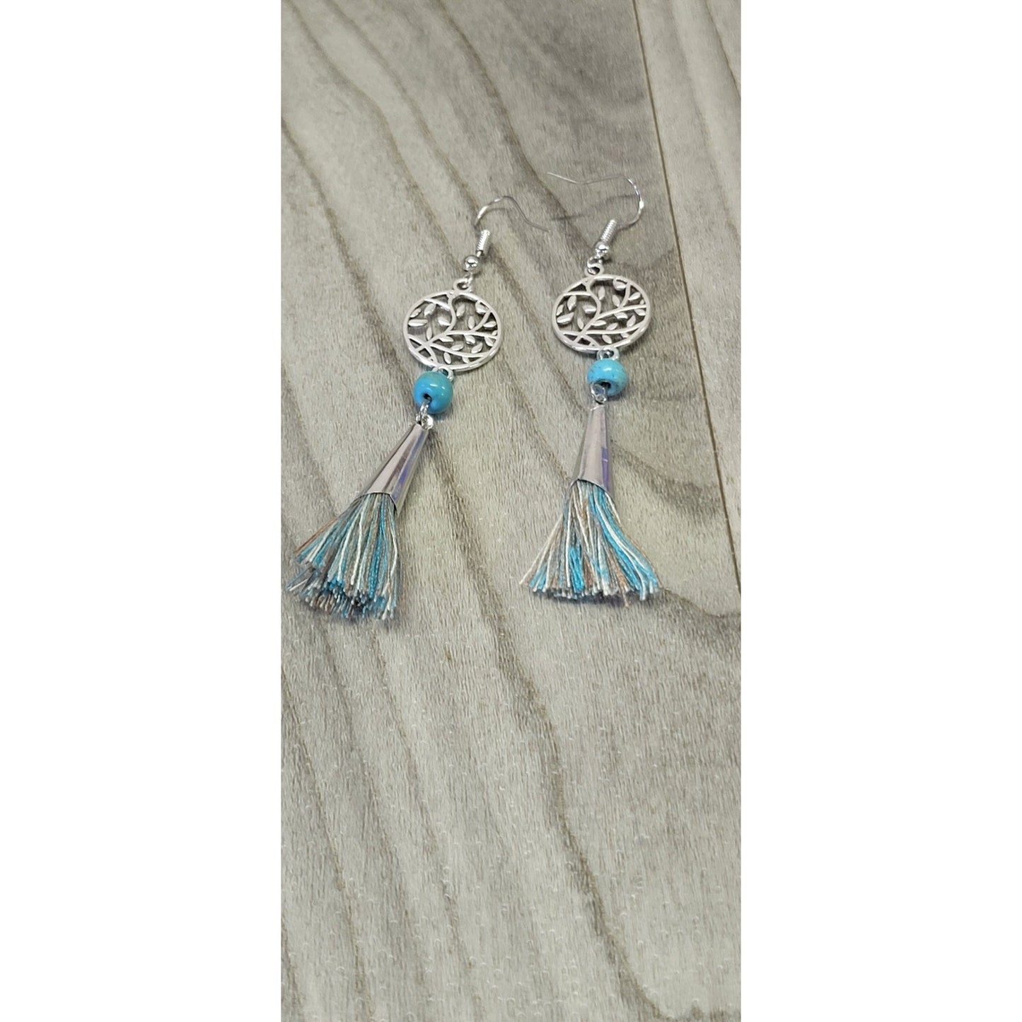 Leafy blue bead with tassel Dangle earrings