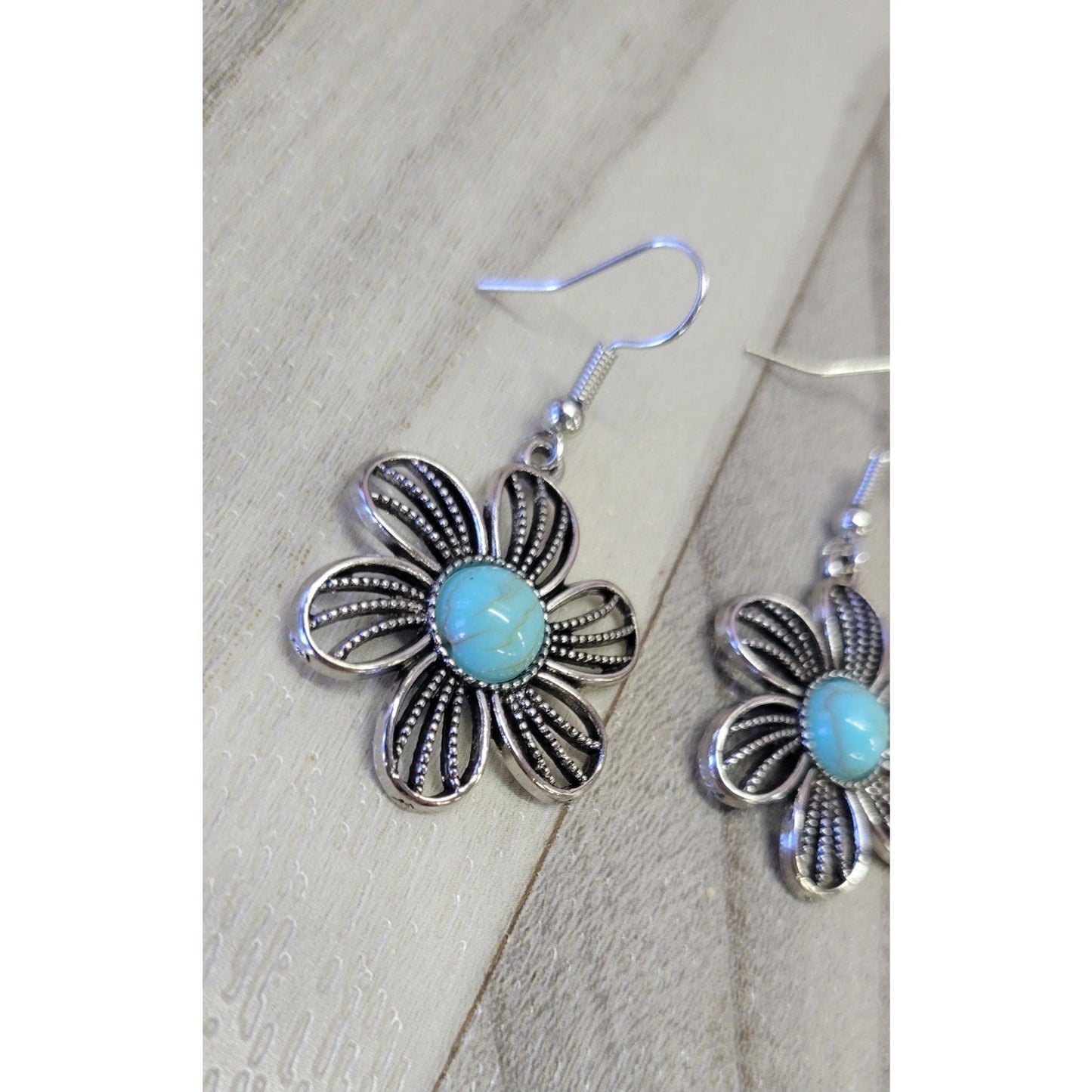 Silver and Turquoise Flower dangle earrings