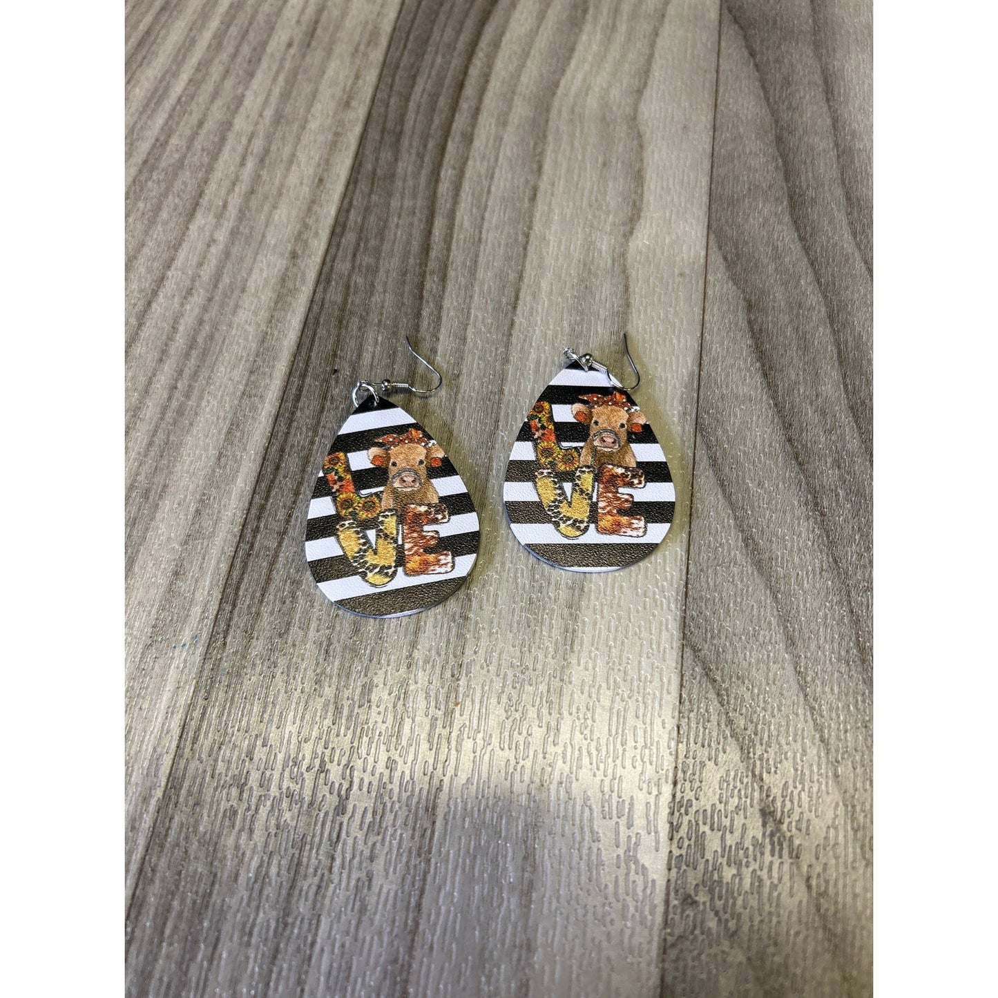Faux leather Love cow Stripes dangle earrings