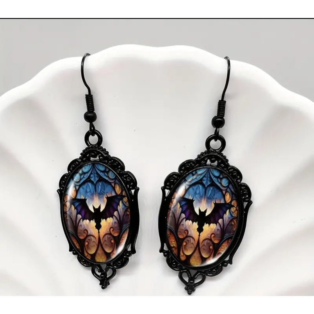 Domed Gothic Bat Earrings Halloween Earrings, Fall Gifts, Costume Bats