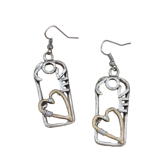 Two Tone Metal Love earrings with heart