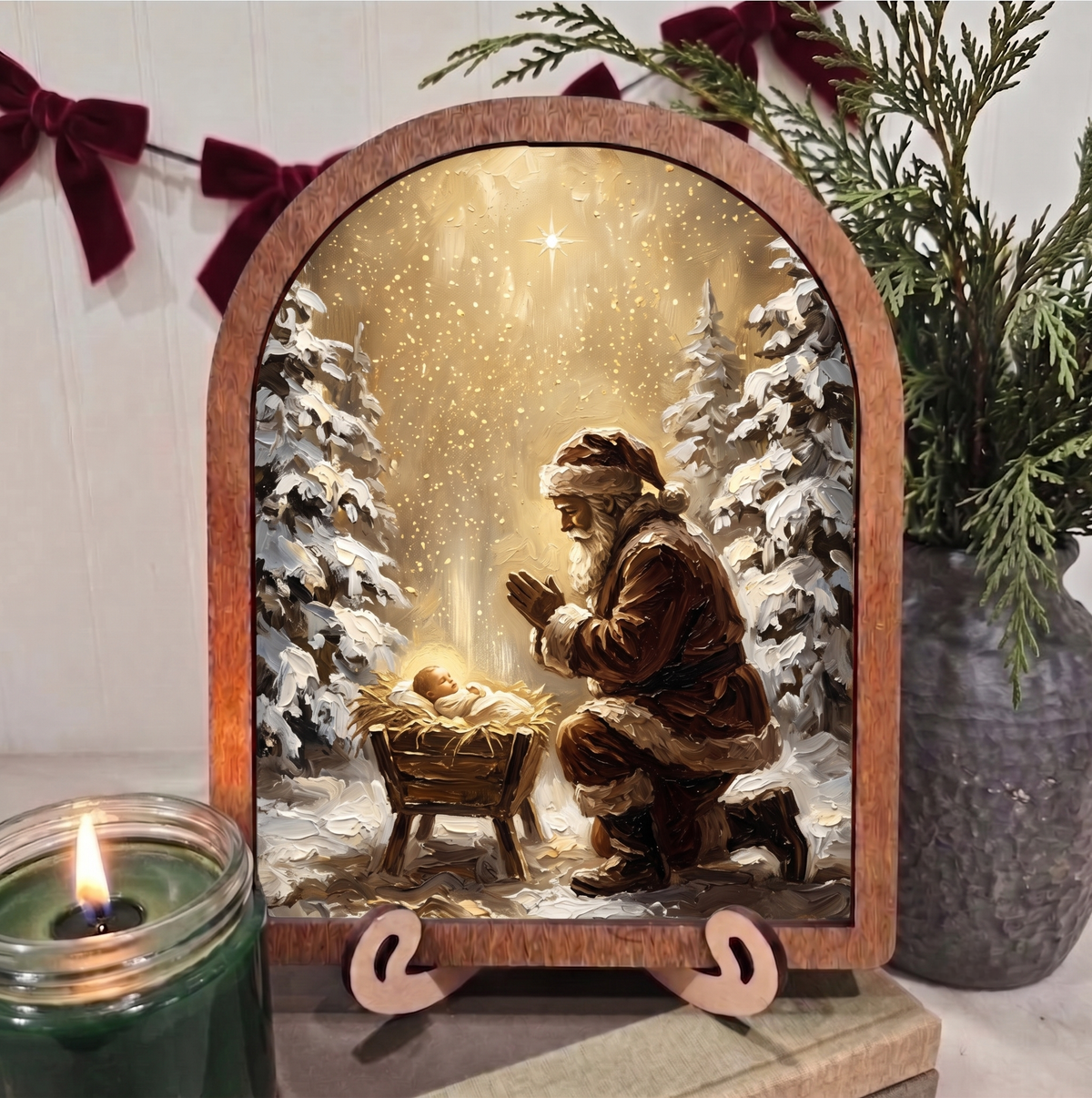 Arch Santa Praying Before Baby Jesus Framed Art Christmas: 8x10