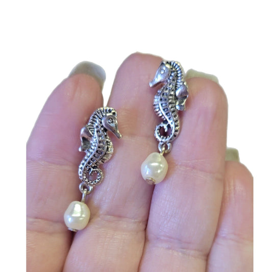 Seahorse clip on earrings with dangle pearl