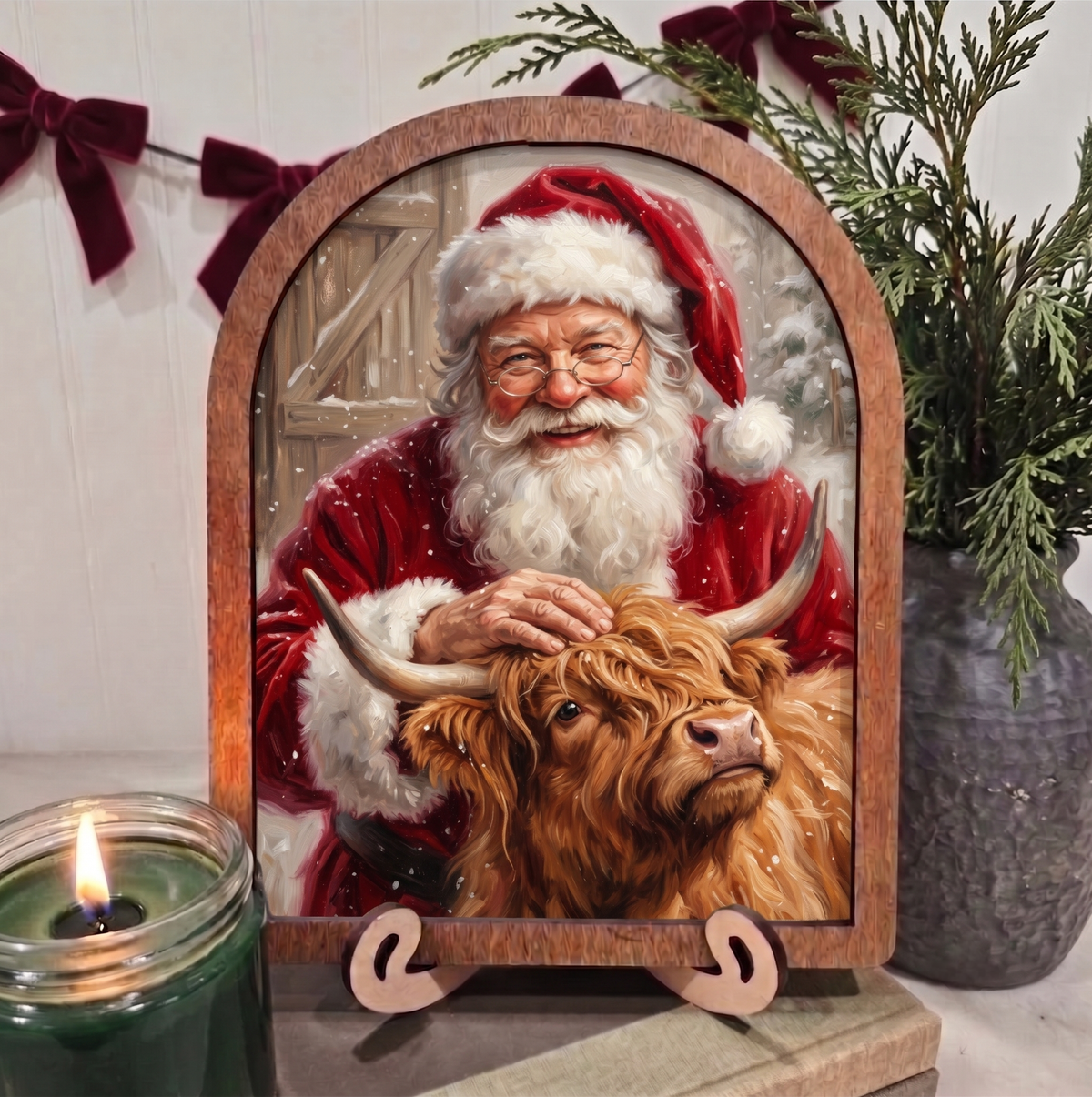 Arch Santa with Highland Cow Framed Art Christmas Winter: 6x8