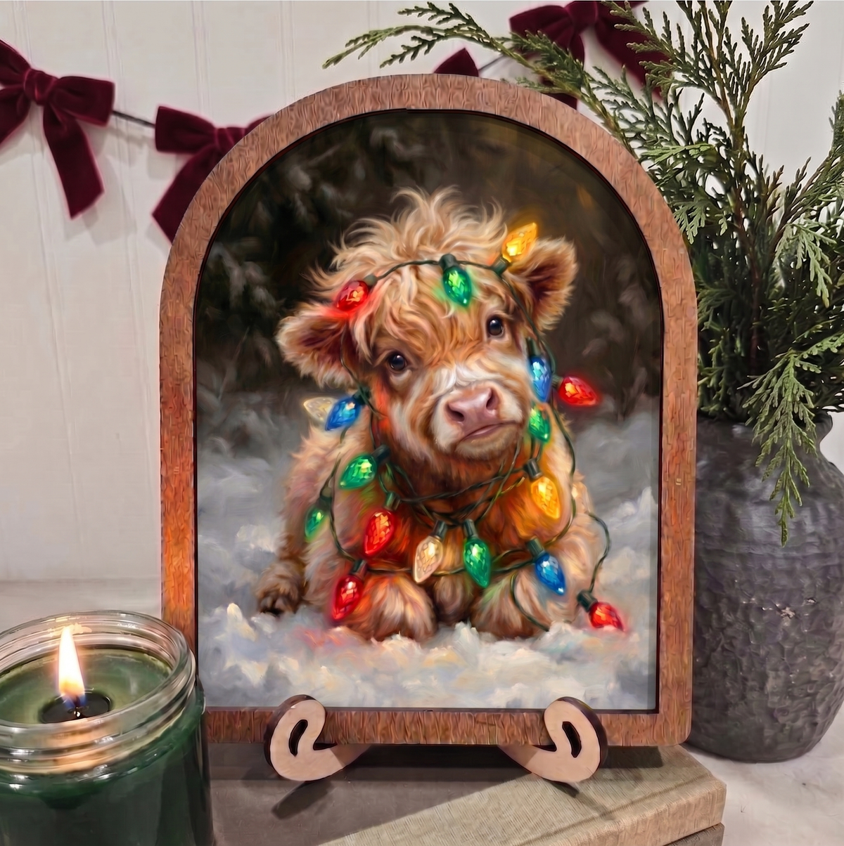 Arch Baby Highland Cow Christmas Lights Framed Art Winter: 8x10