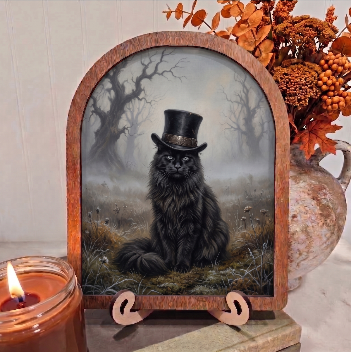Arch Black Cat with Top Hat Framed Art Fall Halloween: 6x8
