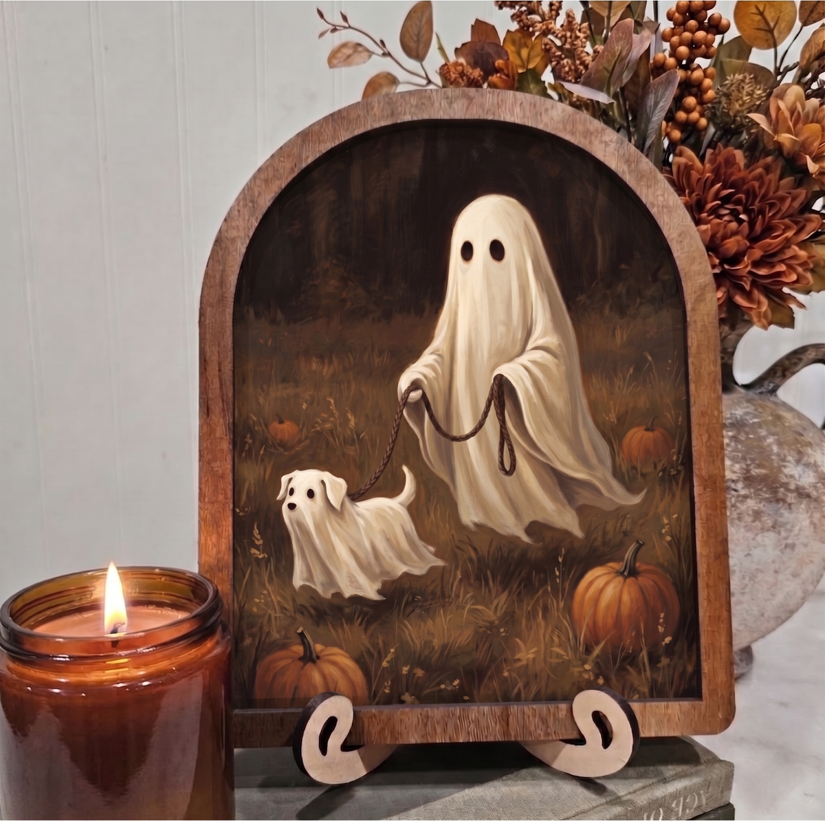 Arch Ghost Walking Ghost Dog Framed Art Halloween Fall: 6x8