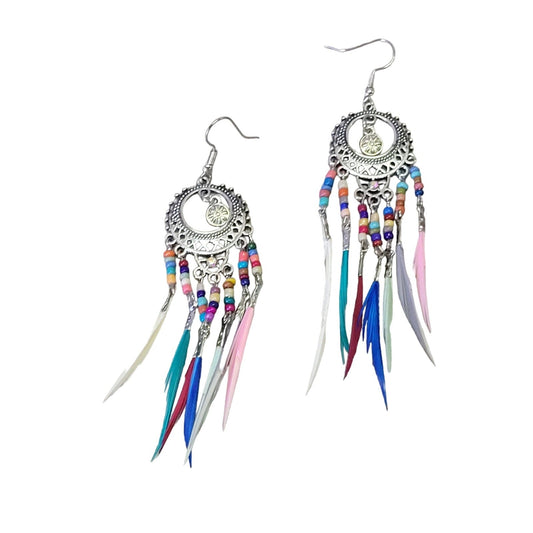 Boho feathered beaded tassel earrings