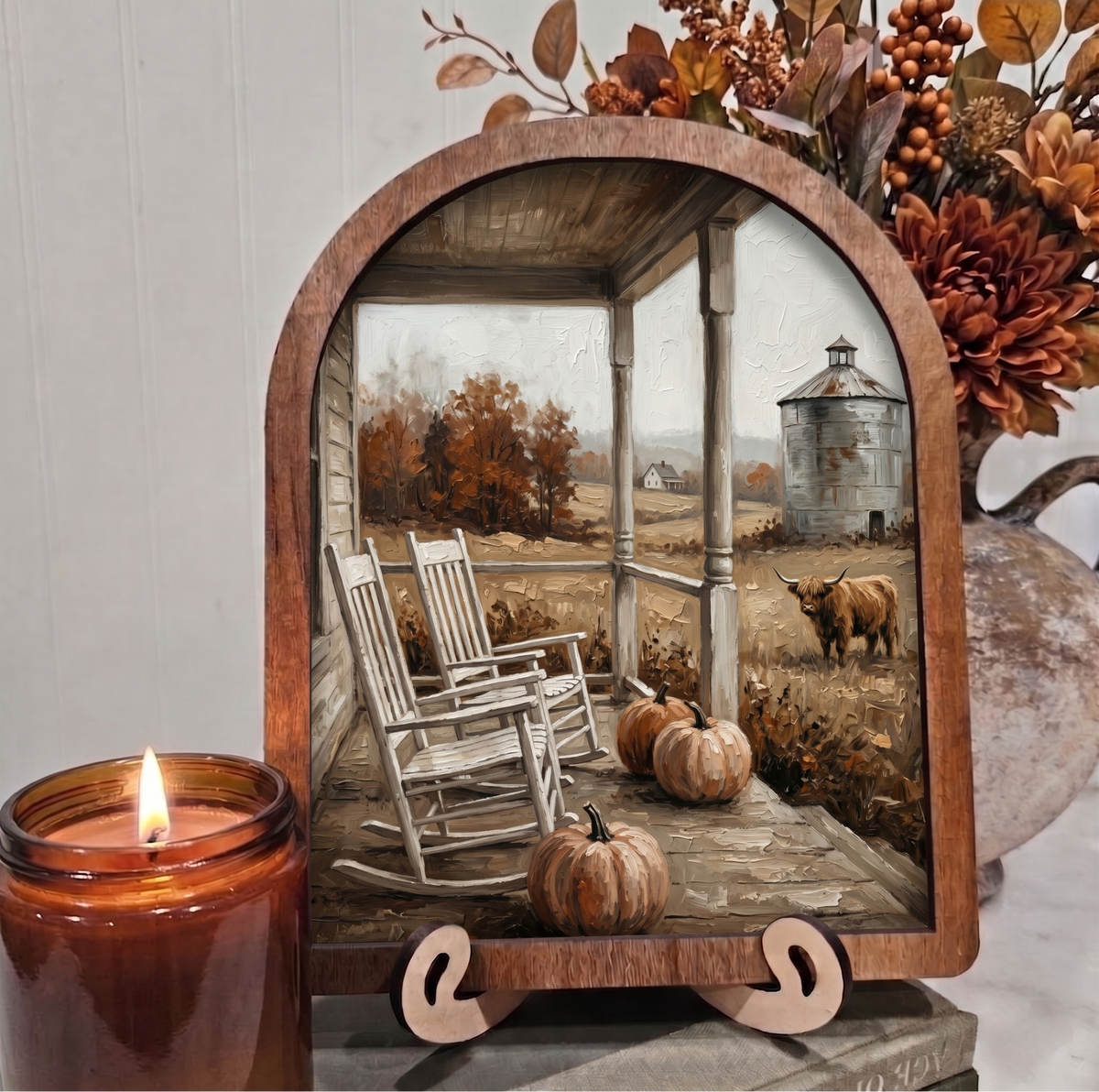 Arch Fall Farm Front Porch Rocking Chairs Cow Framed Art: 8x10