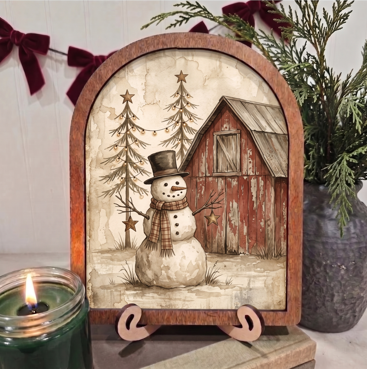 Arch Primitive Snowman Red Barn Framed Art Christmas Winter: 6x8