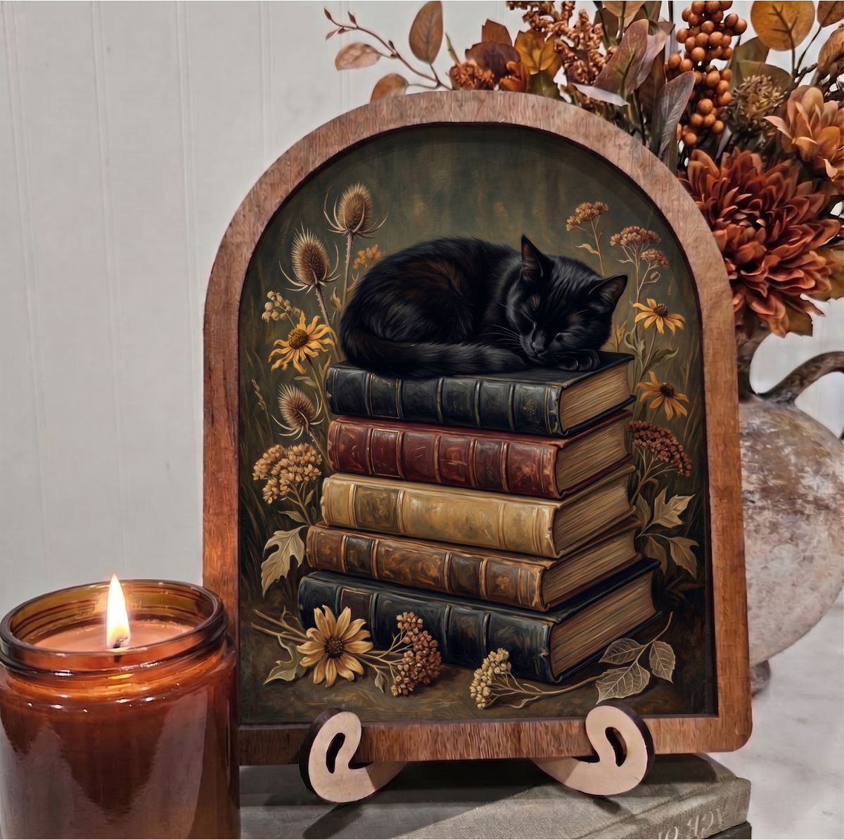 Arch Black Cat Sleeping on Books Framed Art Halloween Fall: 6x8