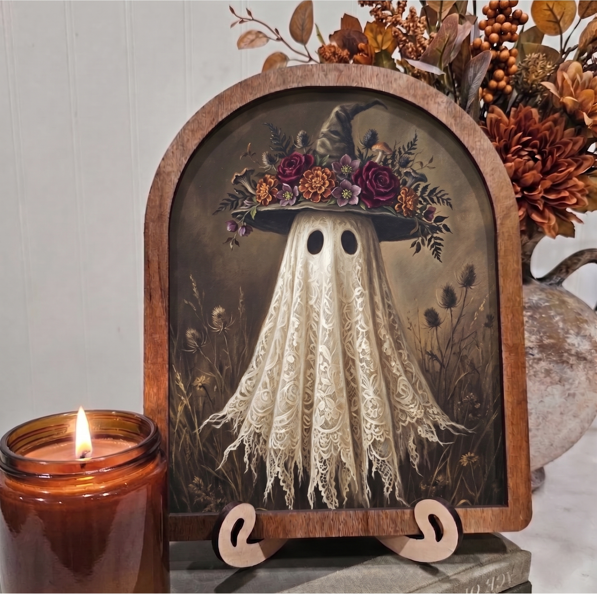 Arch Floral Lace Ghost Framed Art Halloween Fall: 8x10