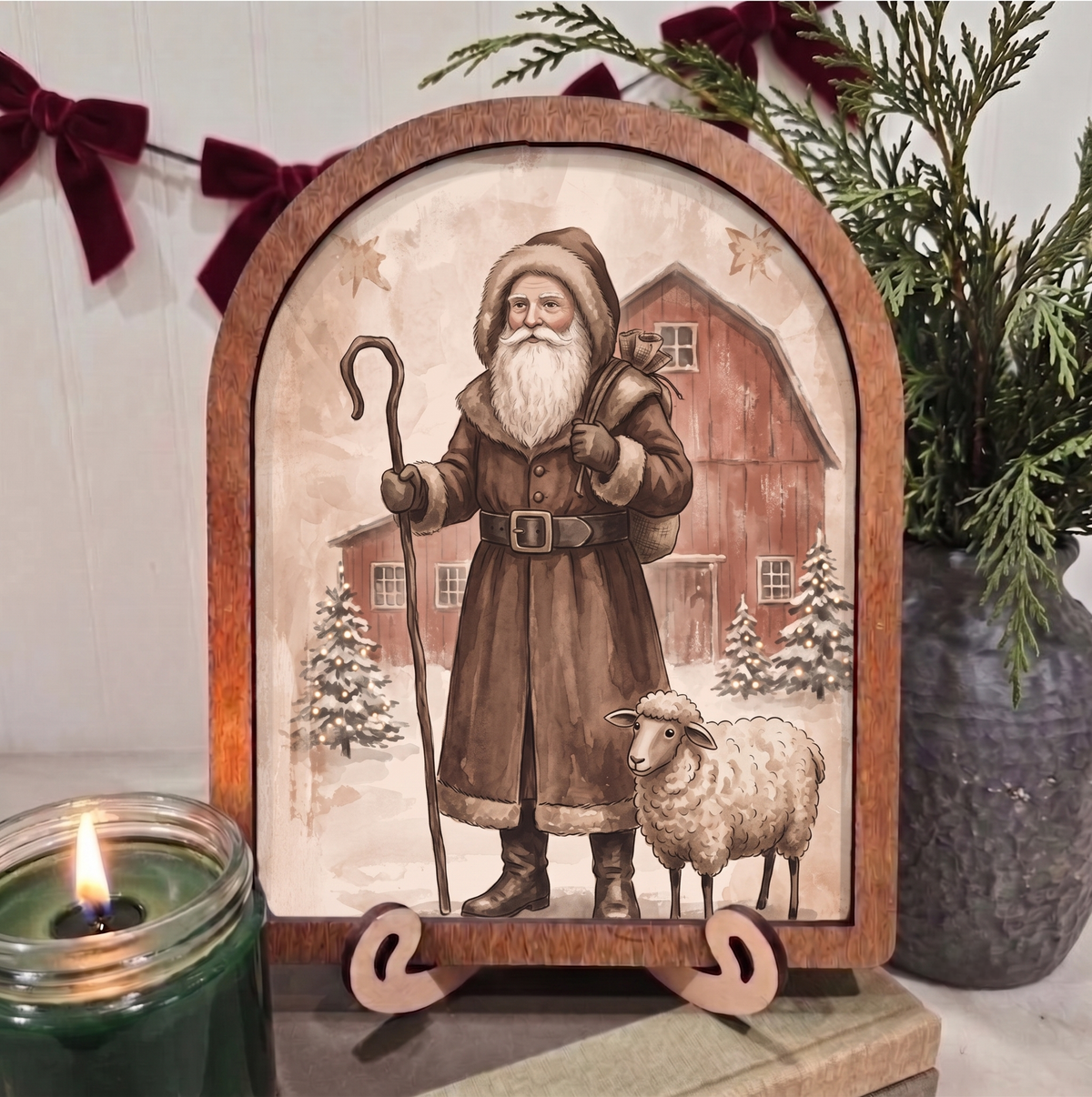 Arch Primitive Santa with Lamb Framed Art Christmas Winter: 6x8