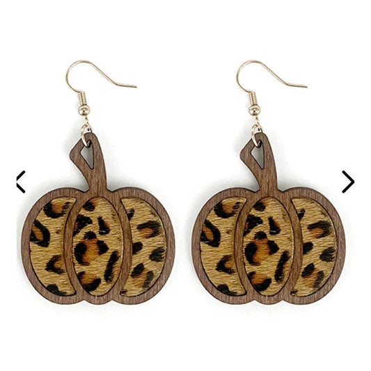 Halloween Pumpkin Leopard Pattern Hollowed Out wood and Leather Earrings