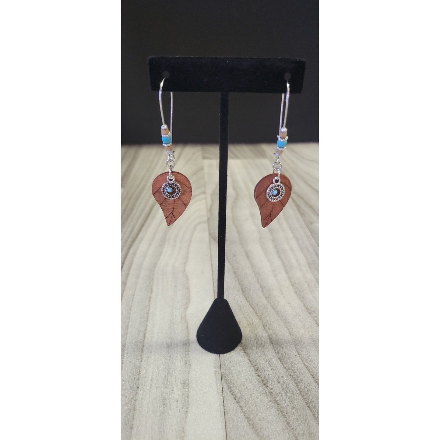 Boho wooden leaf earrings with beads