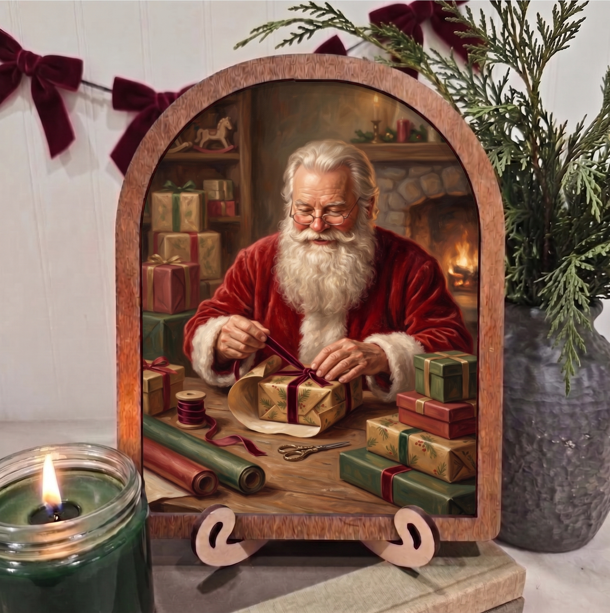 Arch Santa Claus Wrapping Presents Framed Art Christmas: 8x10