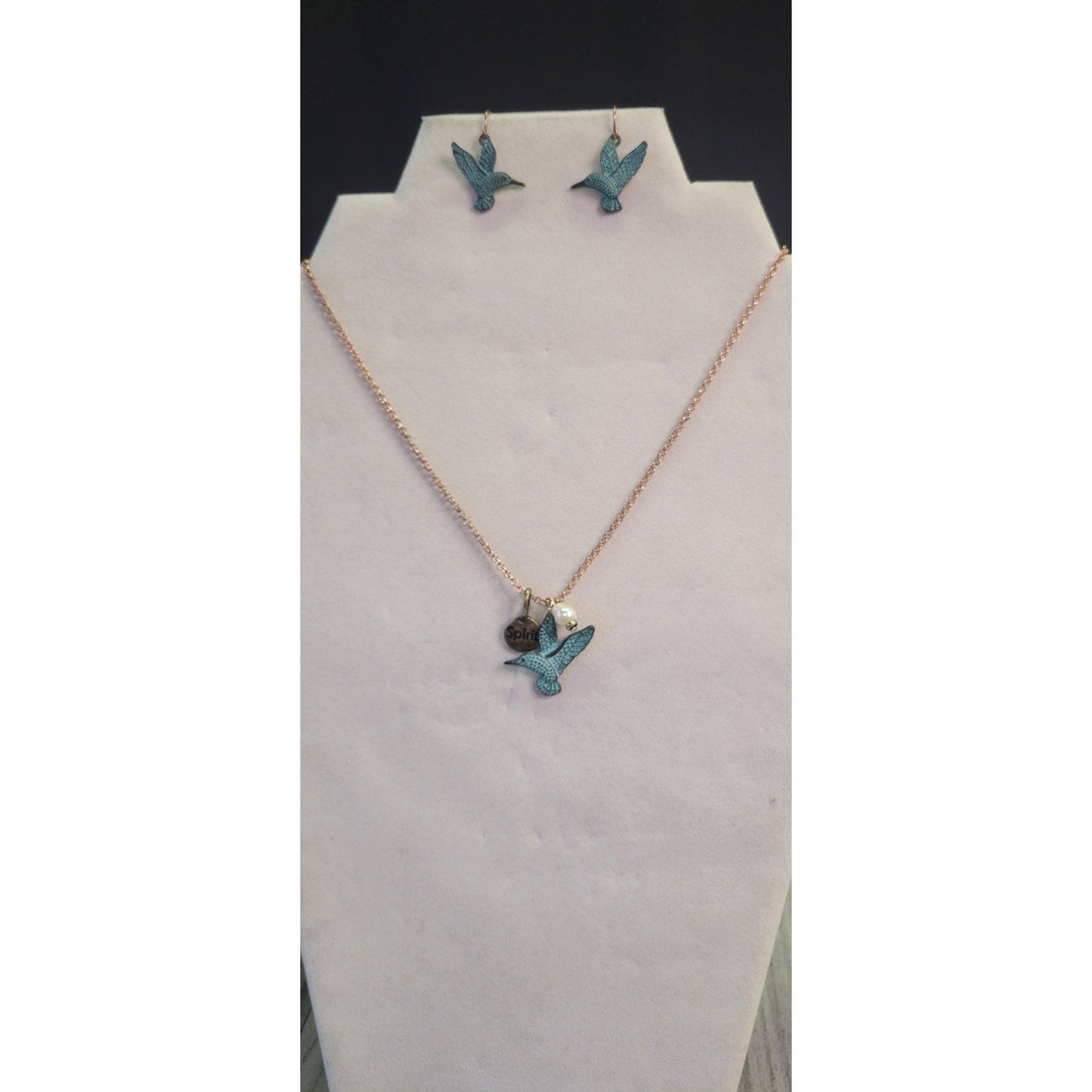 Patina Hummingbird Necklace and earrings