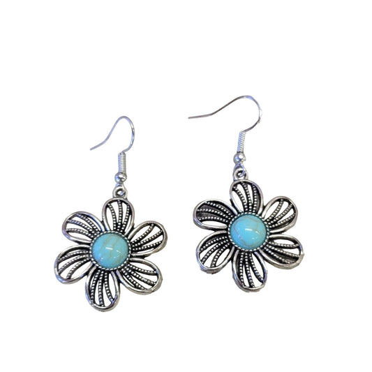 Silver and Turquoise Flower dangle earrings