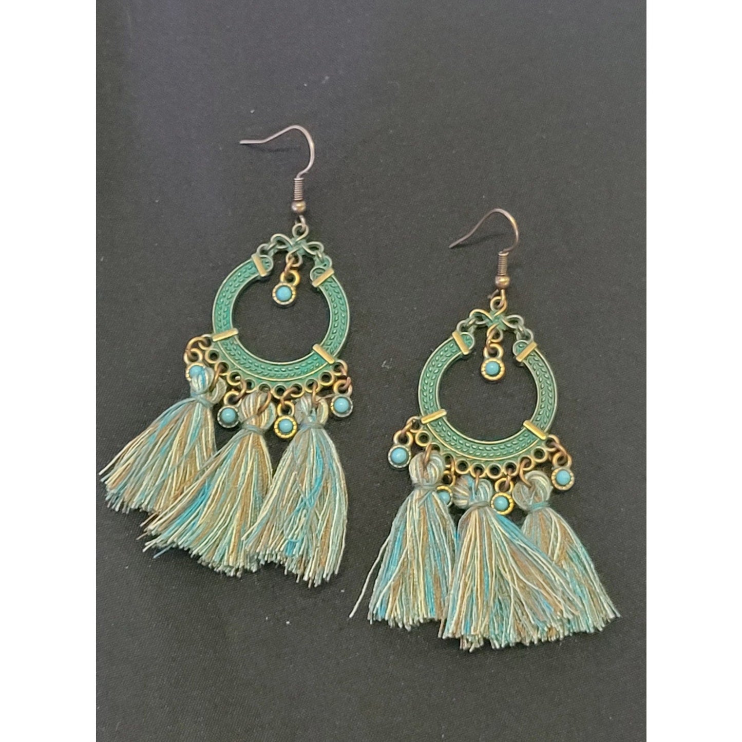 Patina turquoise tassel earrings about 3"