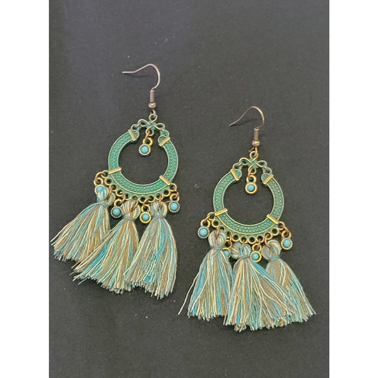 Patina turquoise tassel earrings about 3"